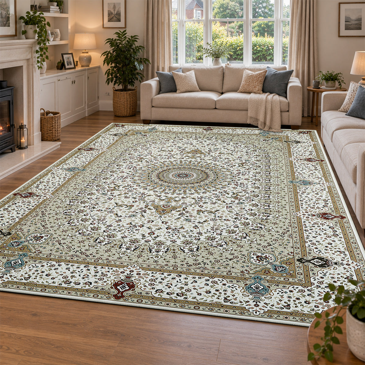Beige & Cream Persian Medallion Washable Rug - Classic Oriental Carpet