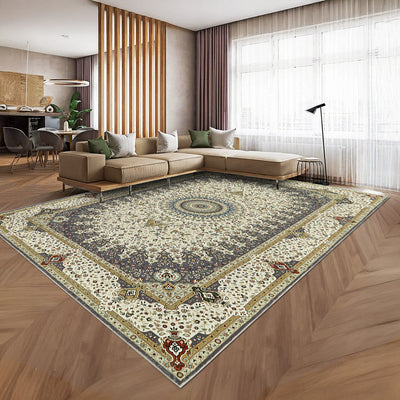 Grey & Cream Persian Rosette Medallion Washable Rug - Traditional Isfahan Carpet