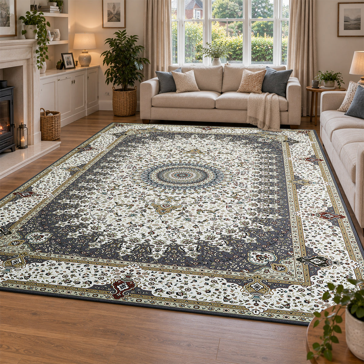 Grey & Cream Persian Rosette Medallion Washable Rug - Traditional Isfahan Carpet