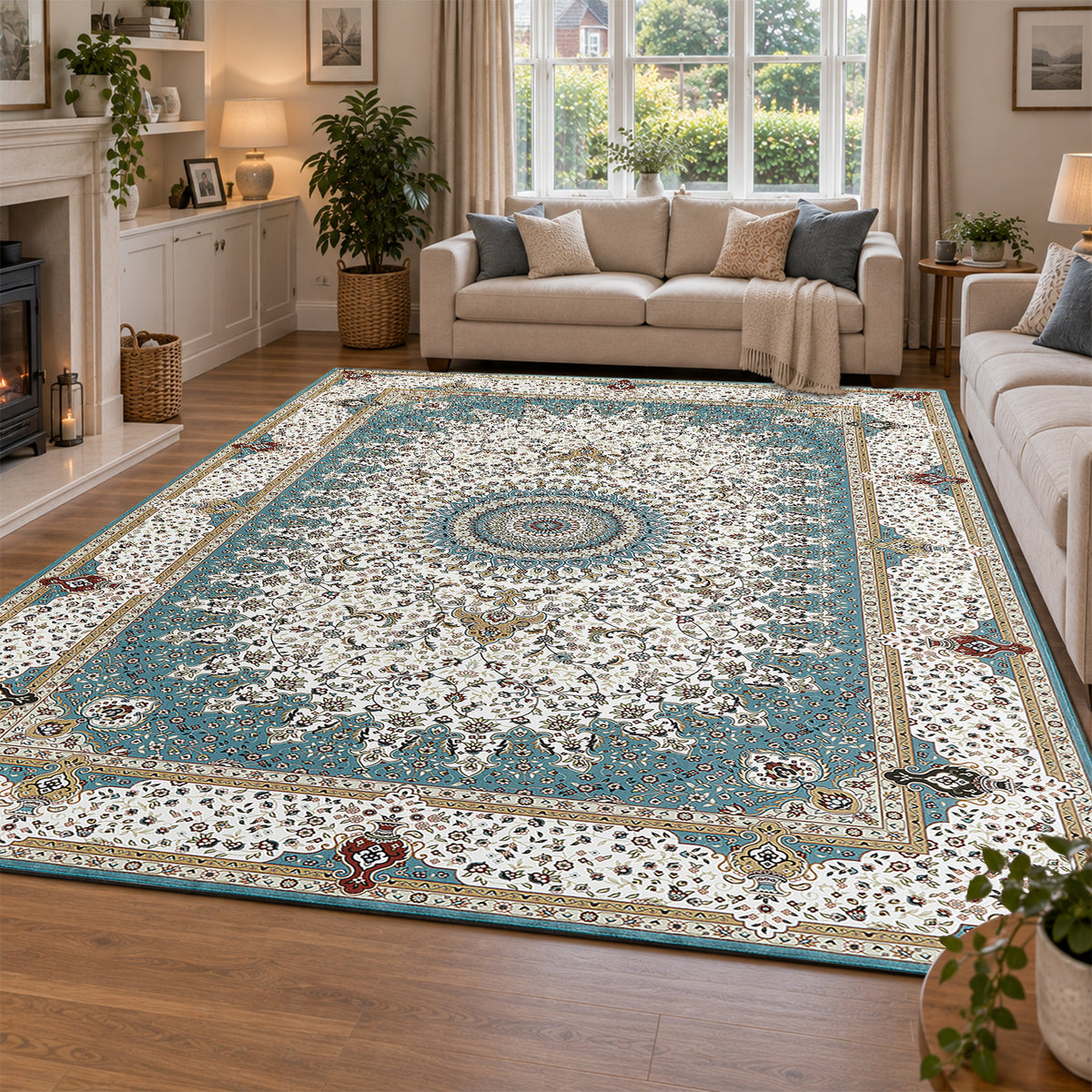 Teal & Cream Persian Medallion Washable Rug - Traditional Floral Area Carpet